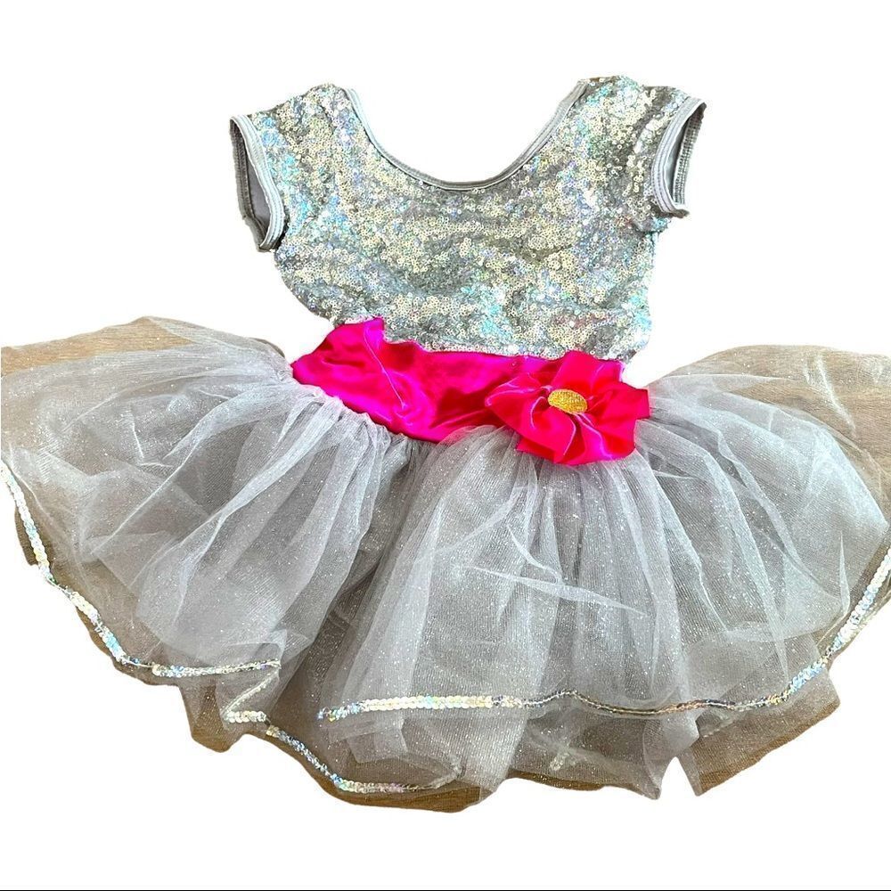 Weissman Silver Sequin Tutu Pink Sash Dress Sz XS